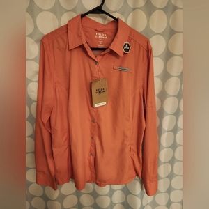 NWT ladies Field and Stream fishing shirt. Long sleeve, coral, side zip pocket